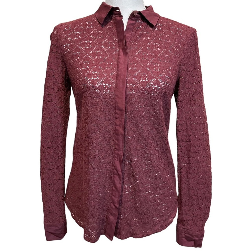 Loft Lace Maroon Button Down Blouse. Size S
